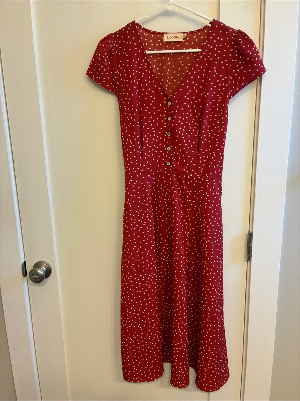 Louche Red Polka Dot V-Neck Midi Dress